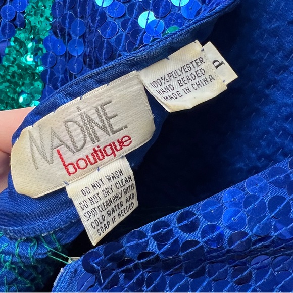 Vintage Long Sleeve Sequin Sunburst Mini Dress P Bodycon Blue Green - Picture 6 of 15